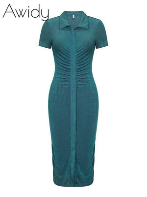 Solid Button-Front Ruched Dress Green