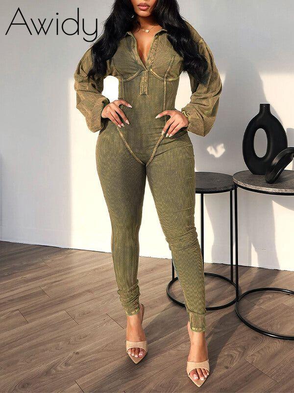 Washed V-Neck Jumpsuit Olive