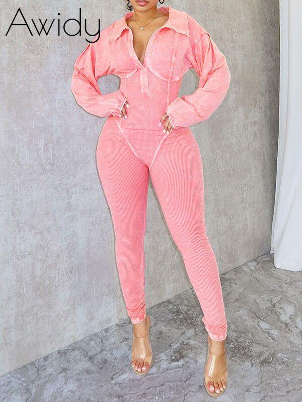 Washed V-Neck Jumpsuit Pink