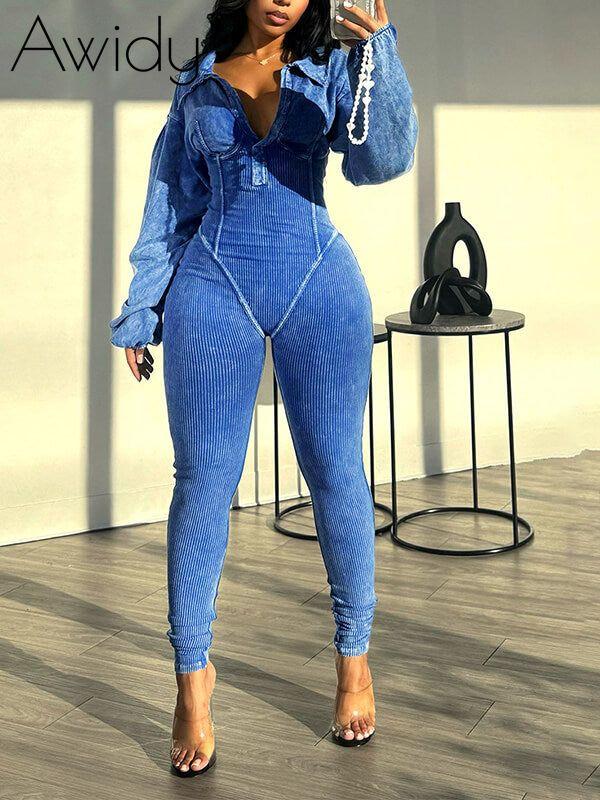 Washed V-Neck Jumpsuit Blue