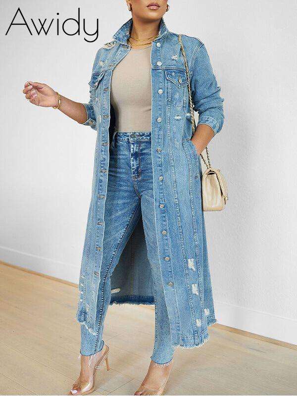 Distressed Long Denim Jacket Medium Wash Blue