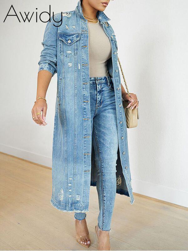 Distressed Long Denim Jacket