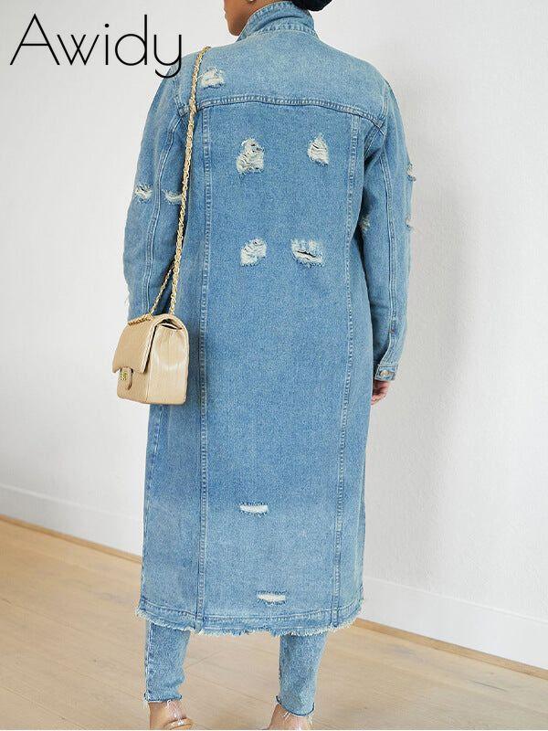 Distressed Long Denim Jacket