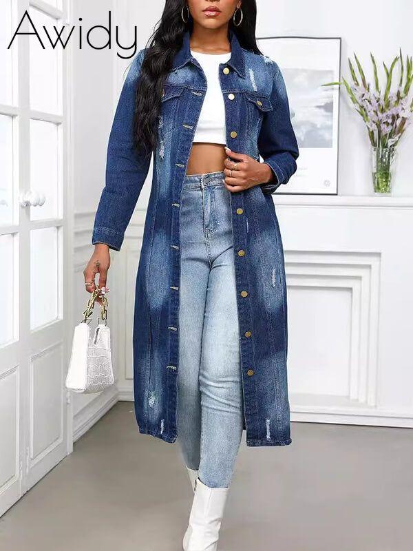Distressed Long Denim Jacket Dark Wash Blue