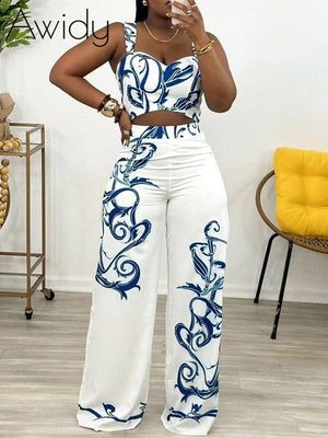 Printed Tank Top & Wide-Leg Pants Set Blue