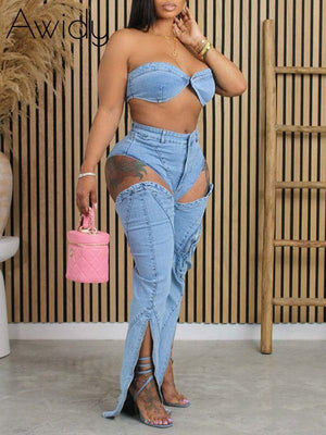 Denim Bandeau Top & Pants Set