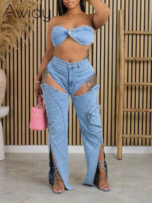 Denim Bandeau Top & Pants Set Medium Wash Blue