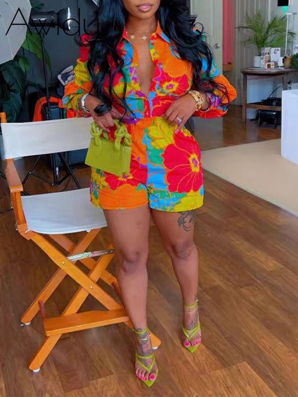 Printed Shirt & Shorts Set--Clearance Orange S