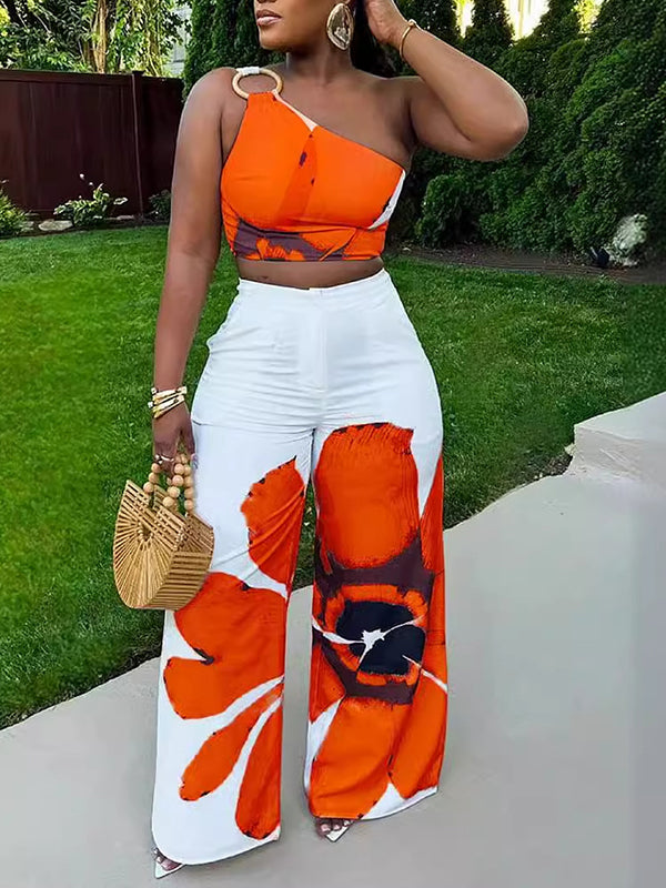 Indiebeautie Printed One-Shoulder Top & Wide Leg Pants Set