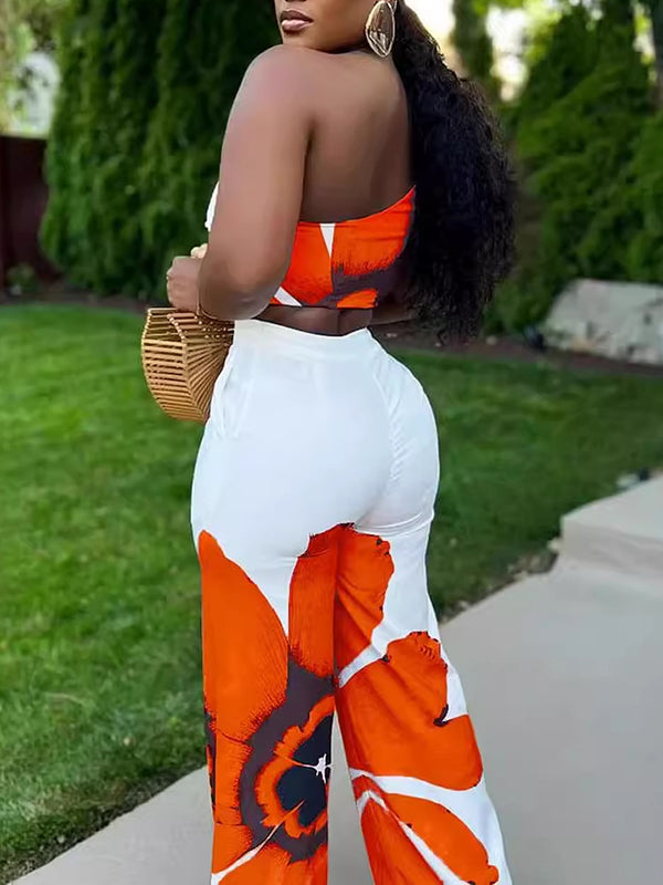 Indiebeautie Printed One-Shoulder Top & Wide Leg Pants Set
