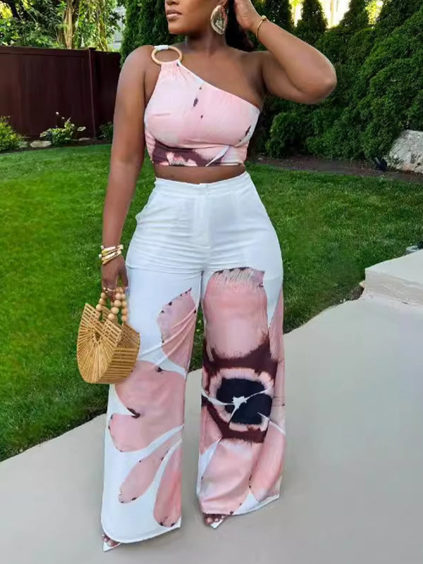 Indiebeautie Printed One-Shoulder Top & Wide Leg Pants Set