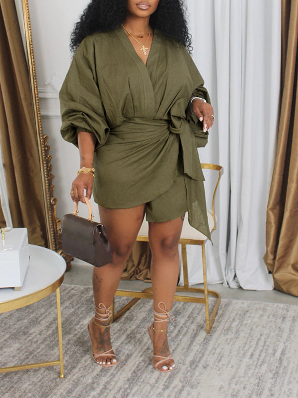 Indiebeautie – Einfarbiges Kleid mit V-Ausschnitt und Bindeband