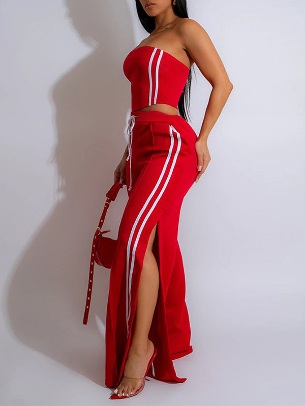 Set aus gestreiftem Tube-Top und Hose mit weitem Bein