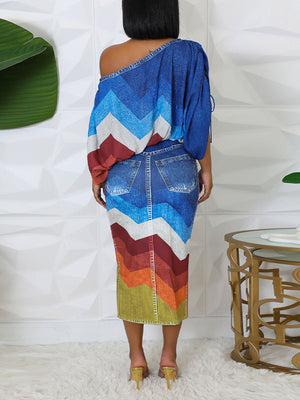 Indiebeautie – Bedrucktes Oberteil und Rock-Set mit U-Boot-Ausschnitt