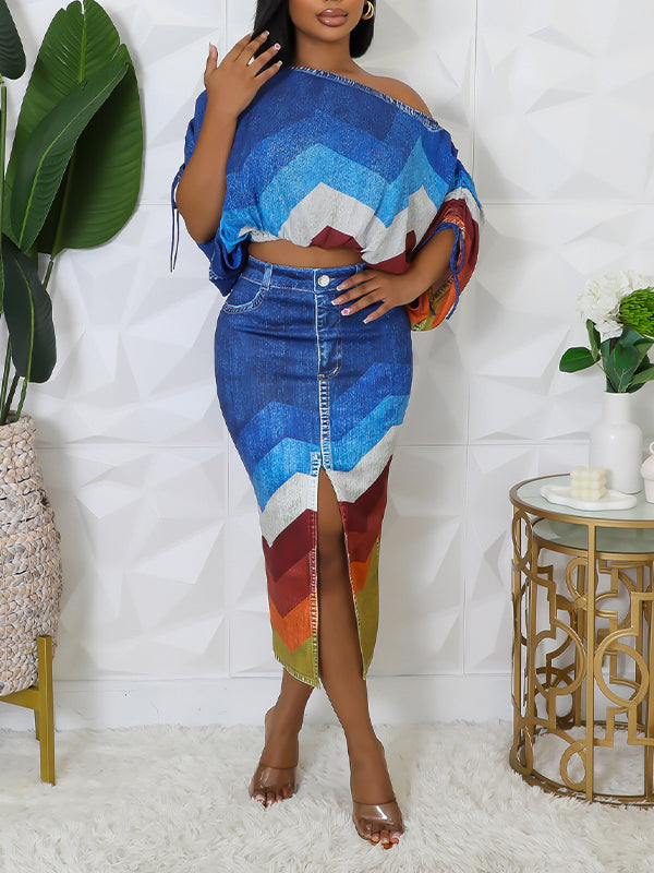 Indiebeautie Printed Boat-Neck Top & Skirt Set