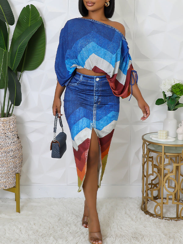 Indiebeautie Printed Boat-Neck Top & Skirt Set