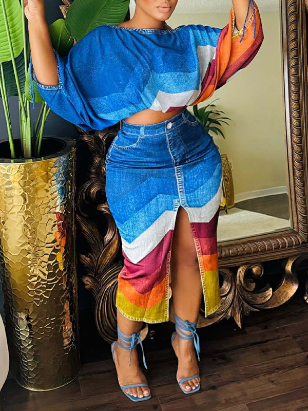 Indiebeautie Printed Boat-Neck Top & Skirt Set