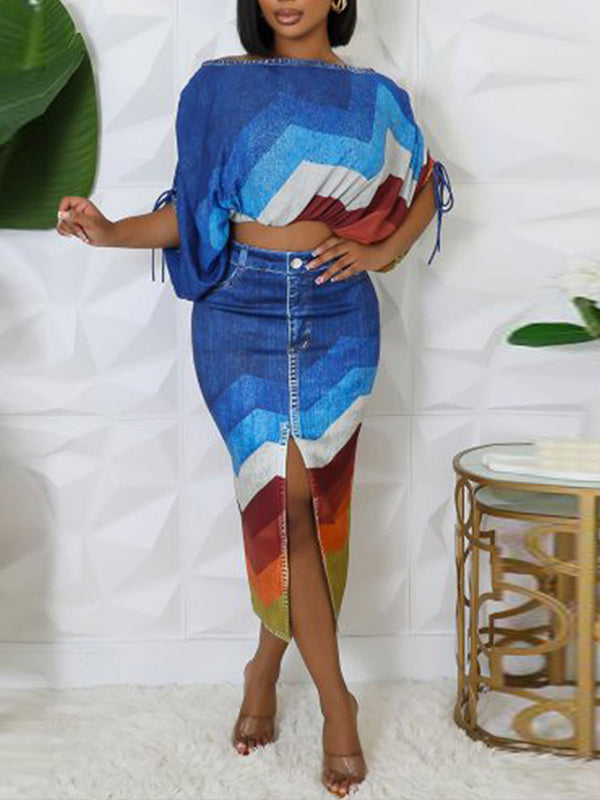 Indiebeautie Printed Boat-Neck Top & Skirt Set