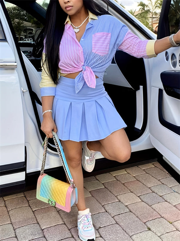 Stripe Combo Shirt & Pleated Skirt Set--Clearance