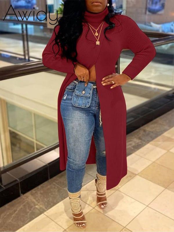 Knit Turtleneck Slit Tunic Top