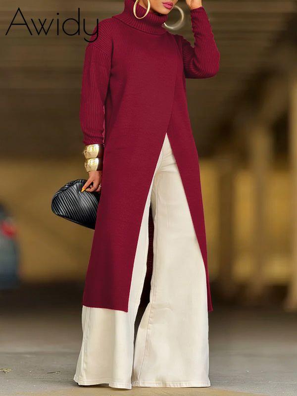 Knit Turtleneck Slit Tunic Top