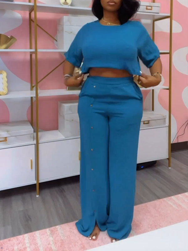 Solid Top & Button Pants Set-Clearance