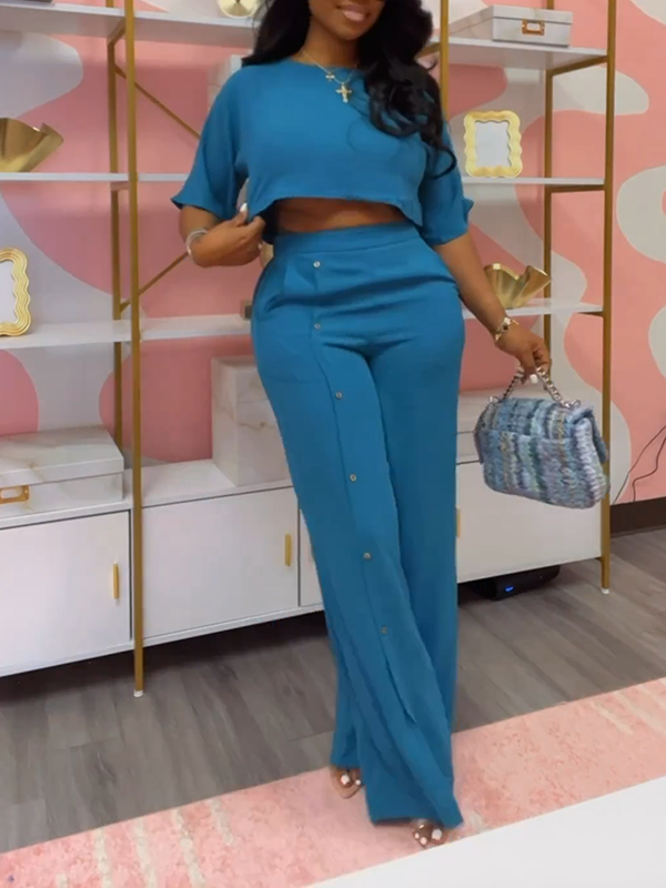 Solid Top & Button Pants Set-Clearance