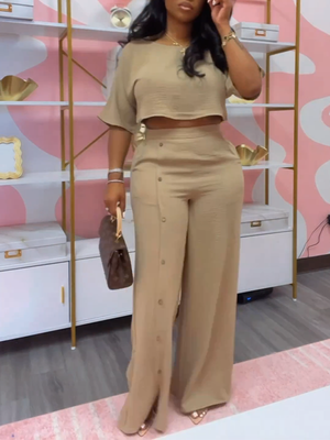 Set aus einfarbigem Oberteil und Hose mit Knöpfen – Ausverkauf