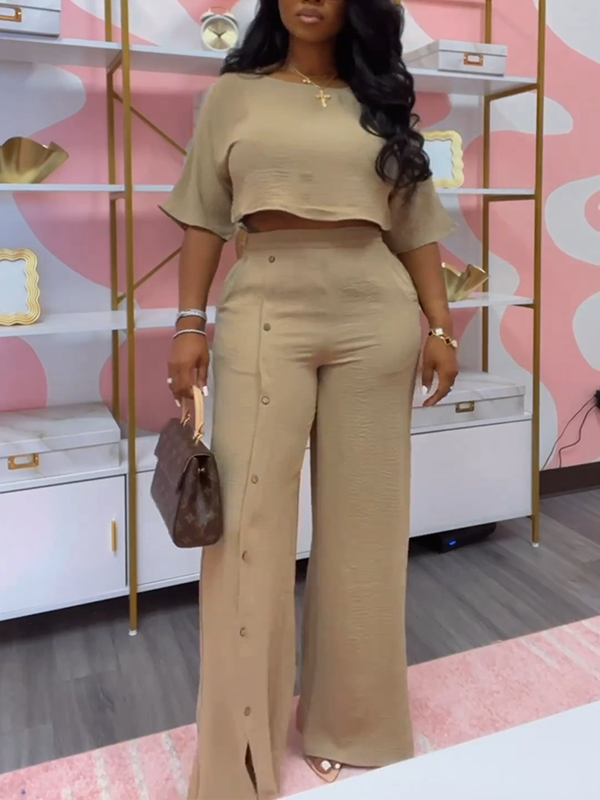 Solid Top & Button Pants Set-Clearance