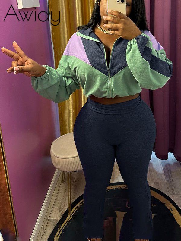 Colorblock Zip Top & Pants Set Green