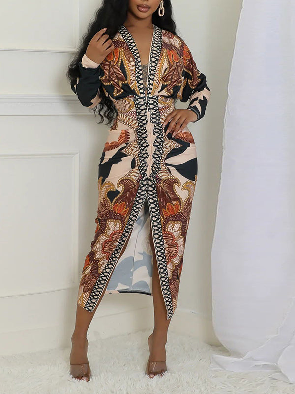 Bedrucktes Kleid mit V-Ausschnitt und Rüschen – Ausverkauf