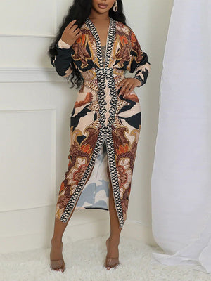 Bedrucktes Kleid mit V-Ausschnitt und Rüschen – Ausverkauf