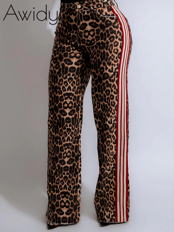 Side Stripe Leopard Pants Brown