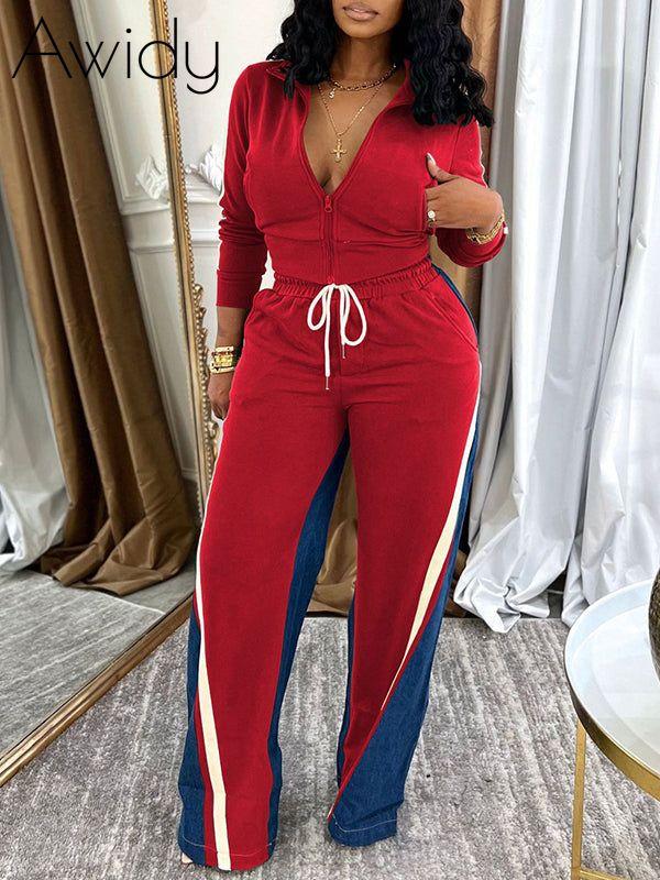 Zip-Front Top & Side-Stripe Pants Set