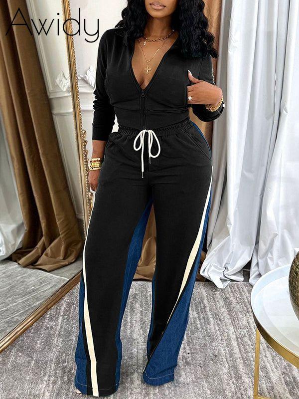 Zip-Front Top & Side-Stripe Pants Set