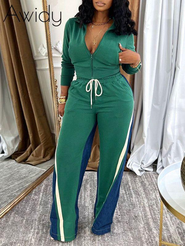 Zip-Front Top & Side-Stripe Pants Set