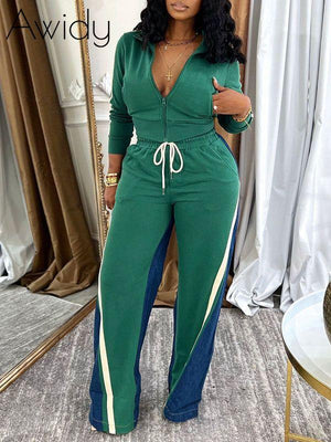 Zip-Front Top & Side-Stripe Pants Set