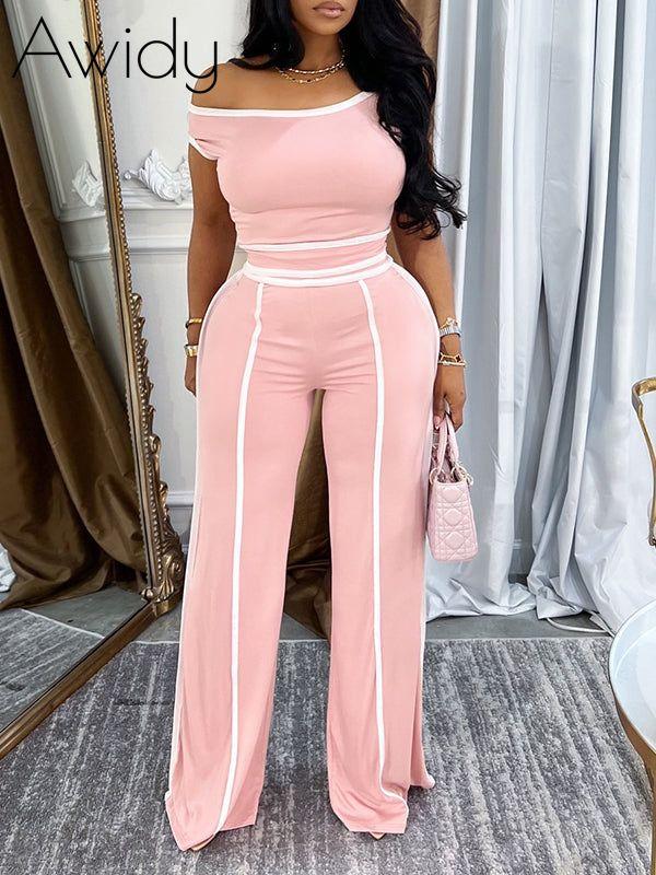 Piping Off-Shoulder Top & Pants Set Pink
