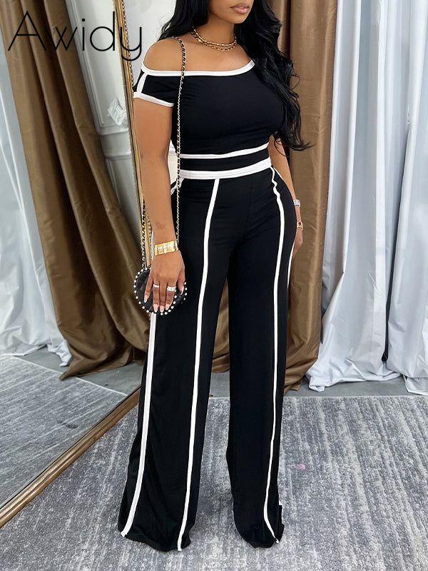 Piping Off-Shoulder Top & Pants Set Black