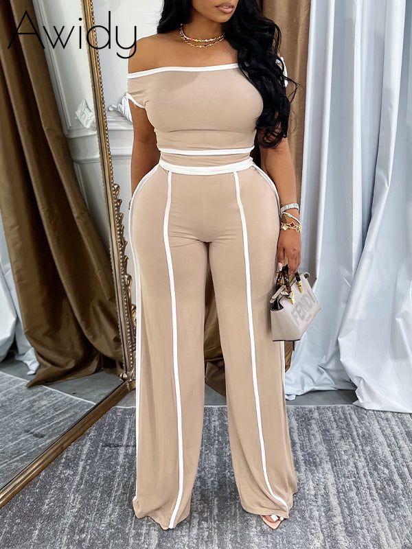 Piping Off-Shoulder Top & Pants Set Khaki