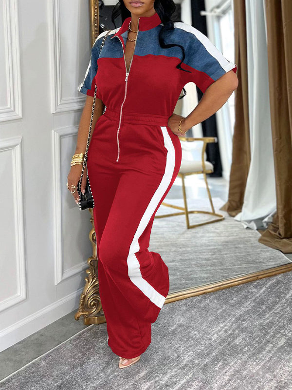 Indiebeautie Denim-Combo Zip-Front Jumpsuit