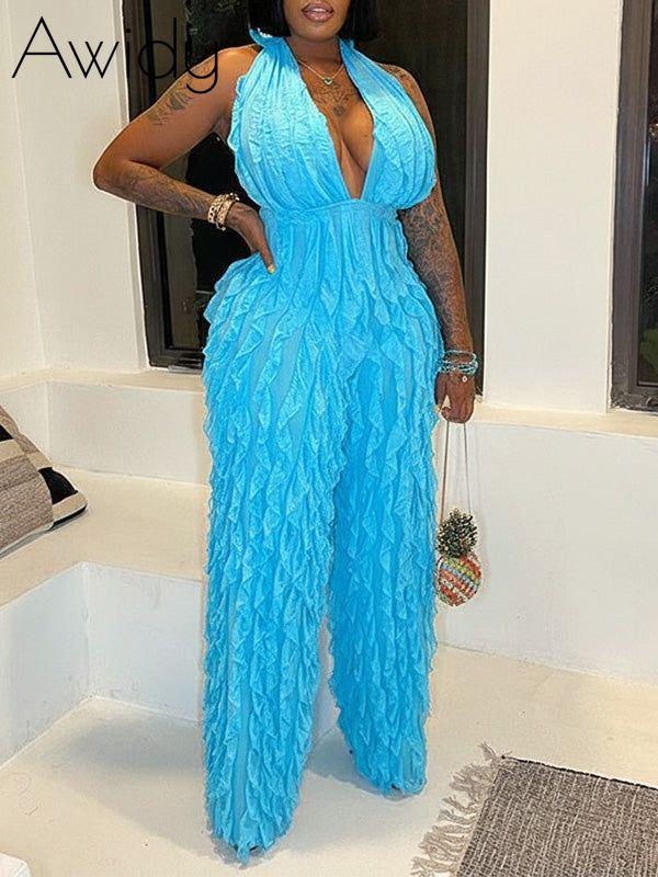 Solid Plunge Halter Jumpsuit