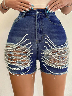 Jeansshorts mit Perlen-Zerrissen