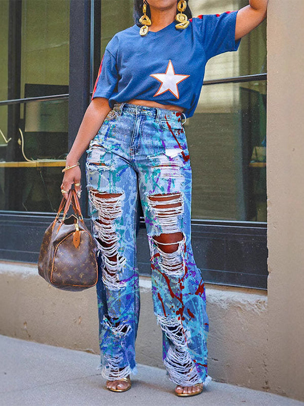 Indiebeautie – Bedruckte, zerrissene Jeans