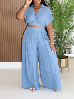 V-Neck Shirt & Wide-Leg Pants Set