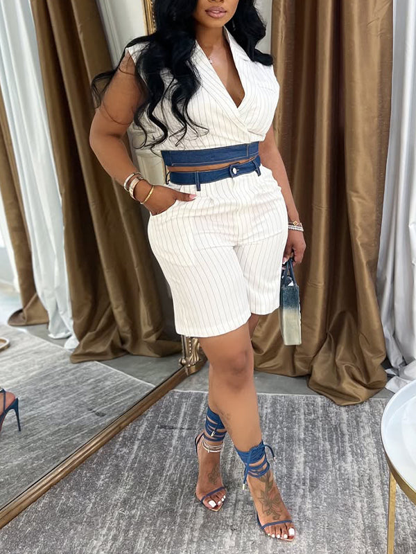 Indiebeautie Denim Combo Stripe Vest & Shorts Set