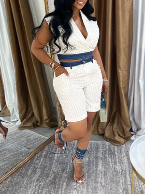 Denim-Kombi-Set aus gestreifter Weste und Shorts – Ausverkauf