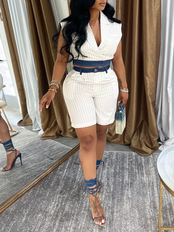 Indiebeautie Denim Combo Stripe Vest & Shorts Set