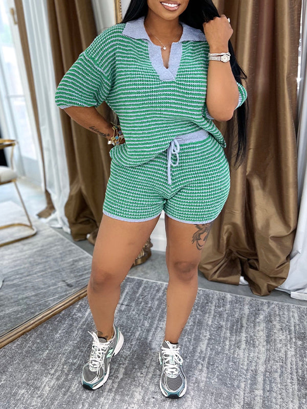 Stripe Knit Polo Tee & Shorts Set