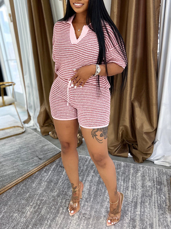 Stripe Knit Polo Tee & Shorts Set